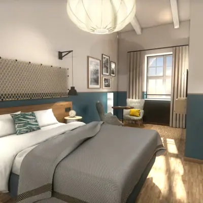 Schlafzimmer mit Bett und Stuhl, geschmackvoll eingerichtet.
